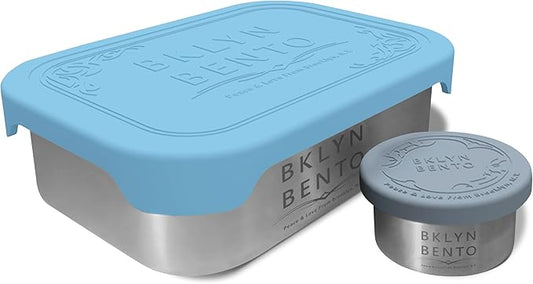 Stainless Steel Food Container & Condiment Holder | Leak Proof Silicone Lid | Metal Lunch Box | Bento Box | Portion Control Snacks Dressings [2 PCS Set/Blue]