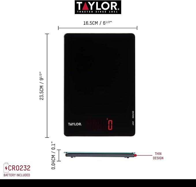 Taylor Pro Digital Ultra Thin Kitchen Food Scales, Compact Slimline Professional Standard with Tare Feature and Precision Accuracy, Black Glass, Weighs 5 kg Capacity