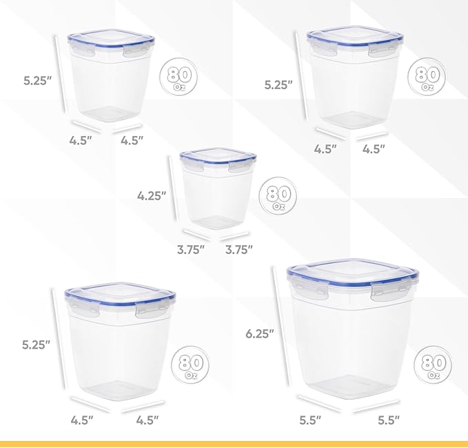 Superio Plastic Food Storage Container Set, BPA Free, Sealed Containers with Airtight Lids for Pnatry, Cupboard, and Fridge- Microwave and Dishwasher Safe (10) (5-Pack)