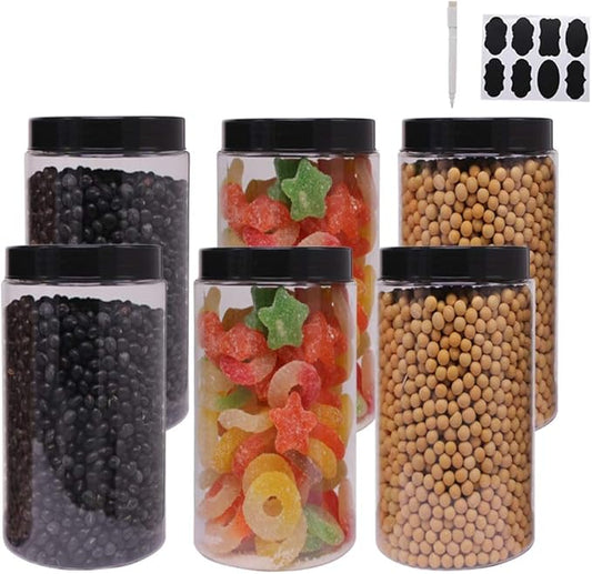 6 Pack 40 oz Plastic Jars With Lids, Extra Labels, 1 Pen, Clear PET Seal Jar for Food Storage,Wide Opening Storage jar for Dry Food, Peanut, Powder, Kitchen & Craft Storage
