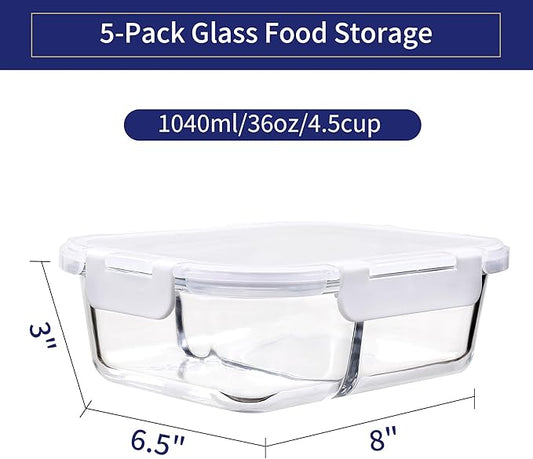 MFY 5-Pack 36 OZ Glass Storage Containers with Lids, Glass Meal Prep Containers 2 Compartment Set, Airtight Glass Lunch Containers with Lids, Microwave, Oven, Freezer and Dishwasher Safe, White
