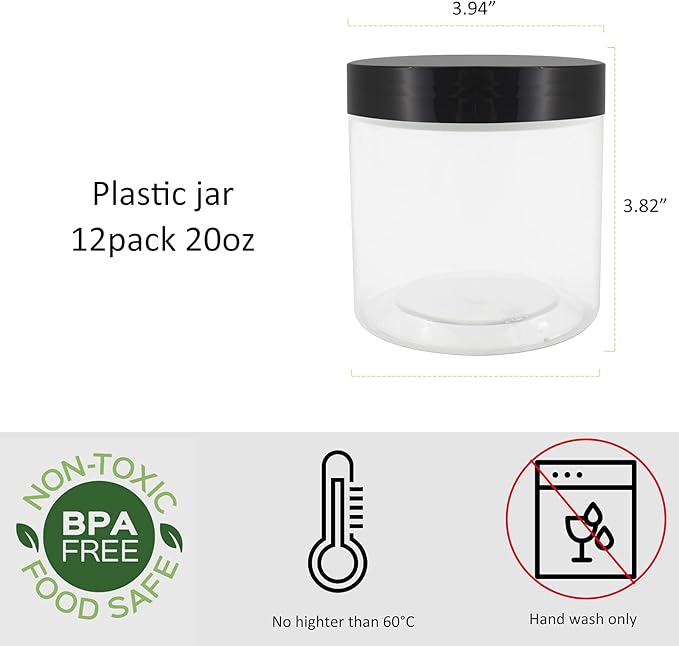 12 Pack 20oz (600ml) Clear Plastic Jars With Lids, Labels, 1 Pen - Empty Storage Containers for Dry Food, Peanut, Spice