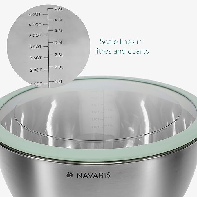 Navaris Stainless Steel Mixing Bowls with Lids (Set of 3) - Small, Medium and Large Mixing Bowl with Lid Set - 1.5 QT, 3 QT, 5 QT - Mint Green