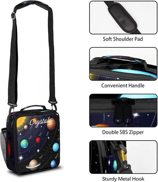 Personalized Lunch Box with Name, Galaxy Planets Custom Lunch Box Customized Insulated Lunch Bag Tote, Cooler Freezable Meal Prep Bag with Shoulder Strap Waterproof Lunch Container for Office Picnic