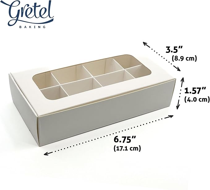 Treat boxes with window and dividers | 8 X-SMALL compartments | 6.75 x 3.5 x 1.57 in | Empty candy boxes for gift giving, truffle box - perfect for Valentine's Day | 10-pack (White)