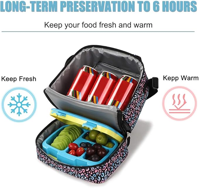 Tilami Lunch Bags Insulated Adjustable Strap Zipper, Two Compartments Cooler Bags, Bento Bags for Kids Toddlers, Colorful Leopard