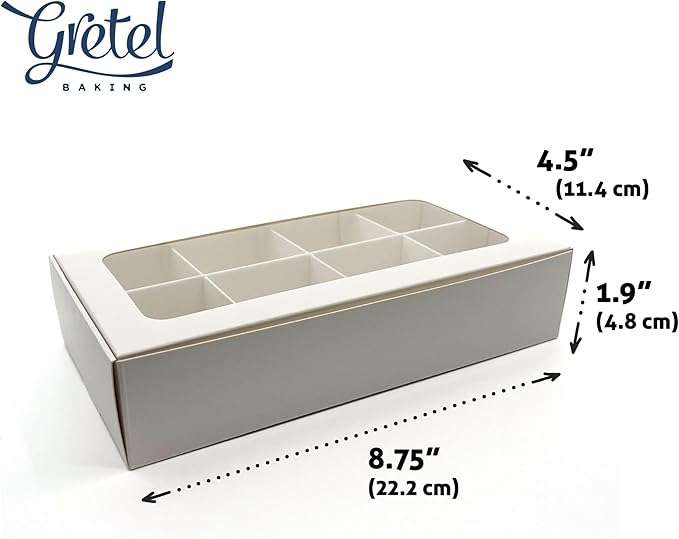 Treat boxes with window and dividers | 8 SMALL compartments | 8.75 x 4.5 x 1.9 in | Chocolate covered strawberries supplies, macaron boxes, baked goods packaging | 10-pack (White)