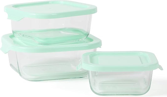Martha Stewart Hadsell 6 Piece 27 oz, 17.6 oz, 10.8 oz Borosilicate Glass Square Storage Container Set w/PP Pop Martha Blue Lids
