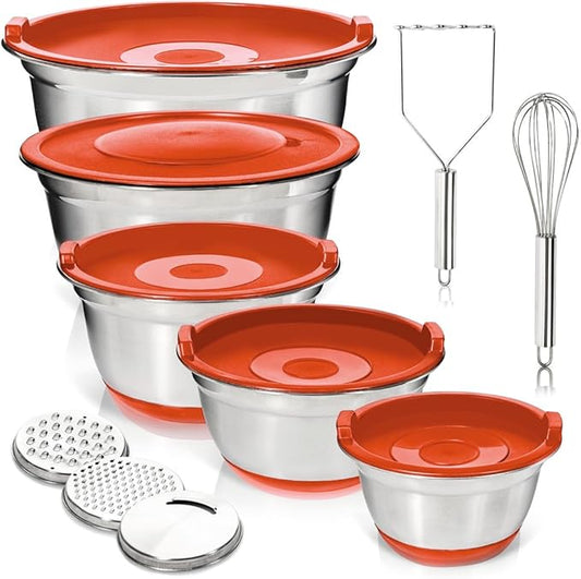 WHYSKO® Stainless Steel Mixing Bowls With Lids Plus Stainless Steel Whisk, Potato Masher and Grater Lids, 5 Nesting Mixing Bowls And Kitchen Tools for Meal Prep, Cooking, Baking, Serving, Food Storage
