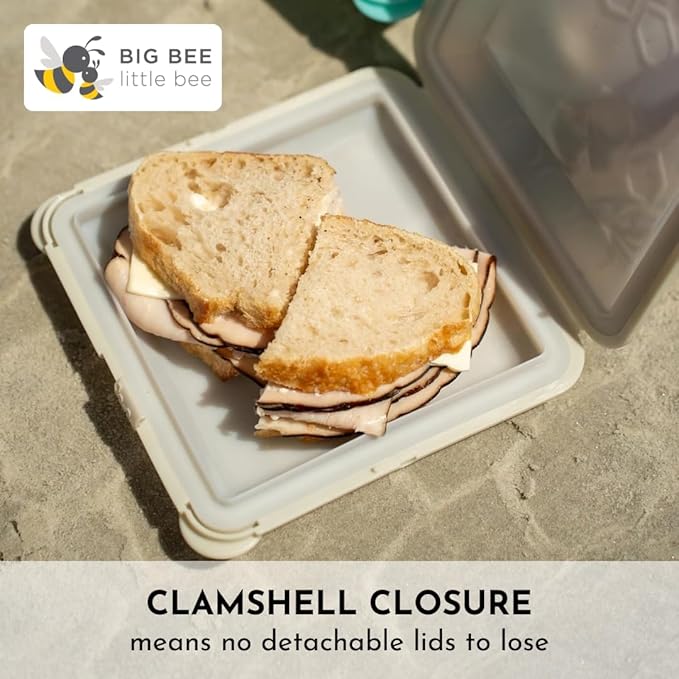 Big Bee, Little Bee - SoftShell Reusable Silicone Food Storage Container with Connected Clamshell Lid, Easy to Clean, Snaps Closed, Microwave, Freezer & Dishwasher Safe (Stone)