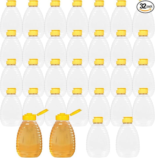 32 Pcs 8.8 oz Clear Plastic Honey Bottles, Empty Honey Bottles with Caps Plastic Skep Style Jar Refillable Honey Containers,Leakproof Honey Containers Holders for Storing Dispensing,Yellow