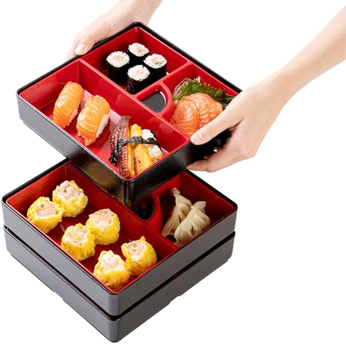 Restaurantware-8.3 x 5.9 Inch 5-Compartment Lunch Container, 1 Japanese Style Adult Lunch Container - 3 Stackable Layers, Black & Red Plastic Divided Lunch Box, Greaseproof, Hot & Cold Food