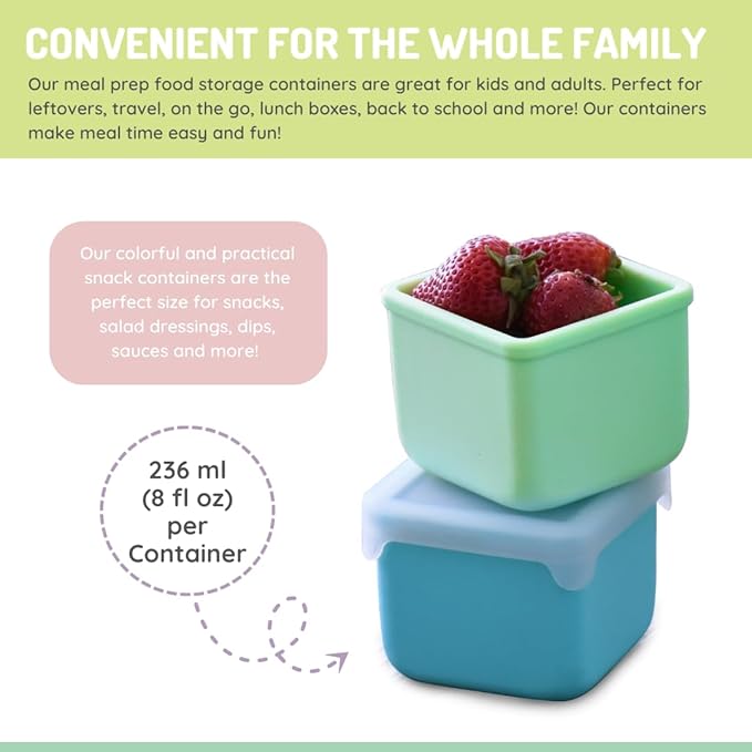 melii 100% Silicone Snack Container 2-Pack, 236ml/8oz per Container, Easy to Open Lid, Dishwasher, Microwave, Freezer safe, BPA Free - Blue and Mint