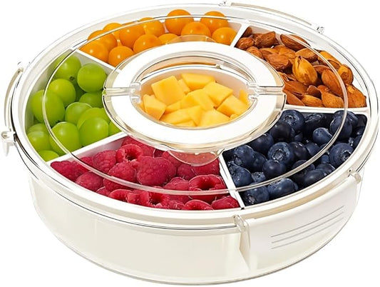 Divided Serving Tray with Lid & Handles for Snacks - Portable Round Snackle Box Container with 6 Compartments - 12" Charcuterie Board for Hosting & Party - BPA-Free & Freezer Safe Veggie Tray