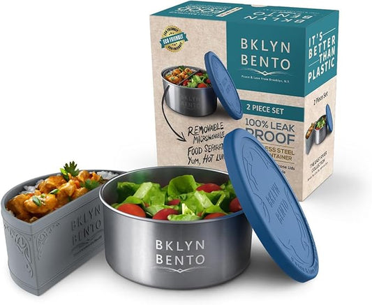 Stainless Steel Food Container With Silicone Food Separator and Leak Proof Silicone Lid | Metal Lunch Box Divider | Bento Box | Portion Control Snacks (Blue & Grey (Food Separator)