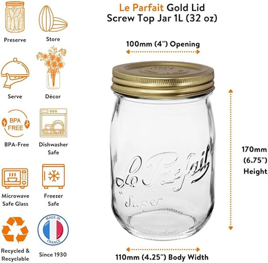 Le Parfait Screw Top Jars - Wide Mouth French Glass Preserving Jars - Zero Waste Packaging (4, 1000ml - 32oz - 1L Gold Lid)