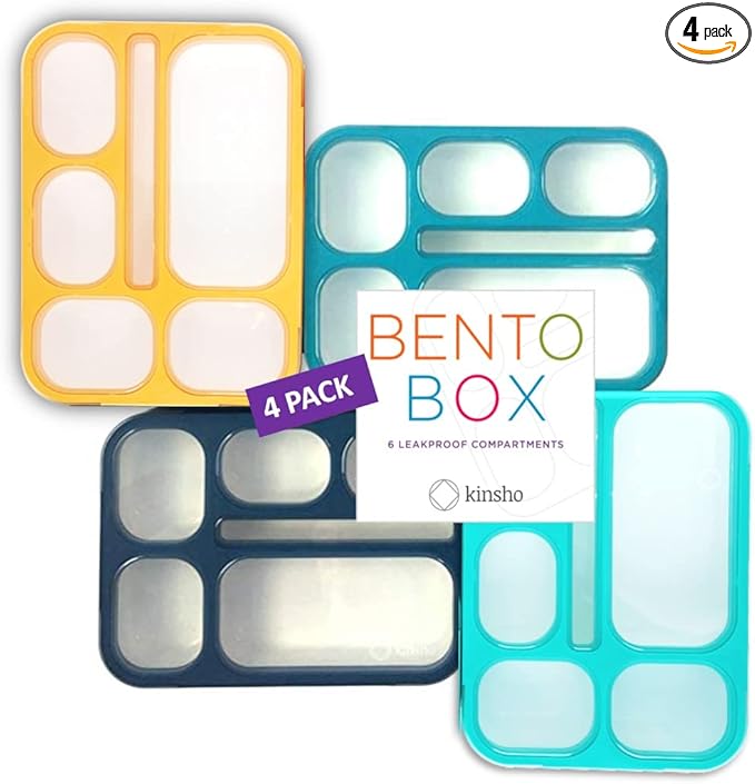 Bento Lunch Box Set of 4, Food Prep & Meal Planning Portion Containers For Kids Toddlers Adults, 6 Divided Leakproof Compartments for Lunches, Snacks, BPA Free, Blue, Navy, Orange, Teal, Four pack