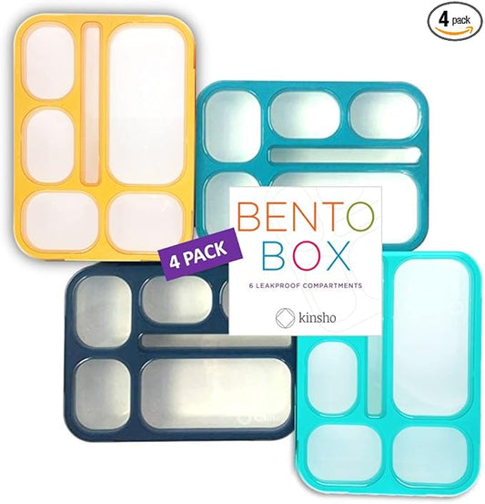 Bento Lunch Box Set of 4, Food Prep & Meal Planning Portion Containers For Kids Toddlers Adults, 6 Divided Leakproof Compartments for Lunches, Snacks, BPA Free, Blue, Navy, Orange, Teal, Four pack