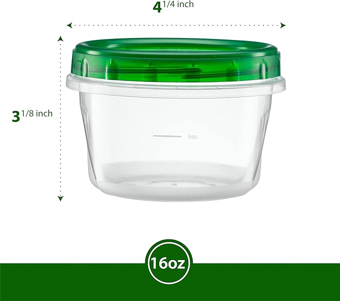 (16 Ounce 10 Pack) Twist cap Containers Clear Bottom With Green Top Screw on Twist Top Food Storage Freezer Containers