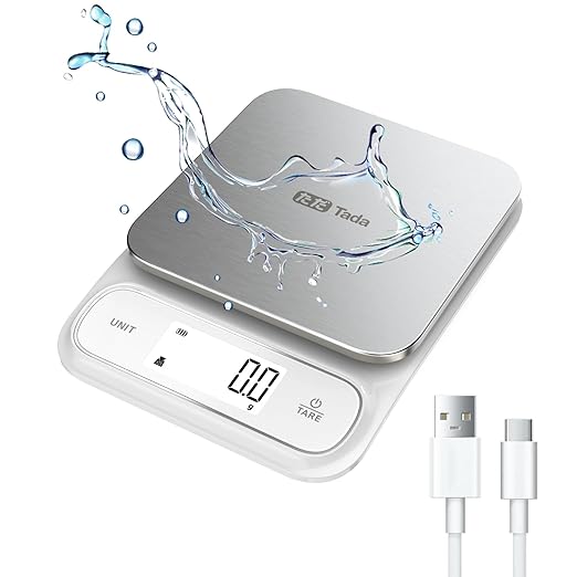 Tada 11lb Food Kitchen Digital Scale with 0.01oz/0.1g Precision IPX6 Waterproof, Type-C Charging, Ounces and Grams for Weight Loss, Cooking, Baking (White)