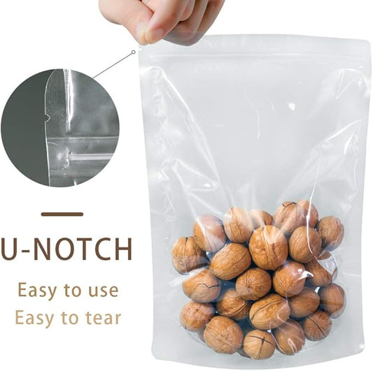 100 Pack Smell Proof Mylar Bags 7x10+3.2inch, Resealable Stand Up Food Storage Bags Clear Reusable Self Seal Zipper Lock Mylar Bags for Food, Seeds, Pills