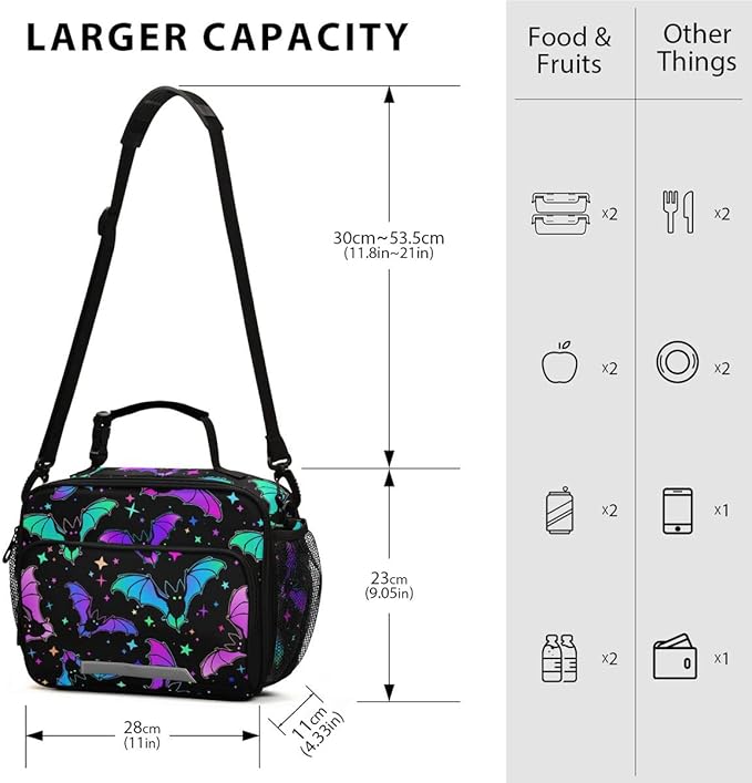 MNSRUU Unisex Insulated Lunch Bag, Bat 12, Fabric, 11"x4.33"x 9.05", Ample Storage Space, Keeps Food Warm, Lightweight, Portable, Suitable for Kids, Friends, Family