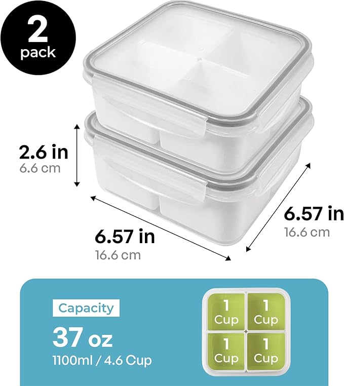 carrotez Food Storage Containers, 4 Compartment Portion Control Container, Snack Container For Adults, Meal Prep Container, Reusable, Microwave Safe, 4.6 Cup (1100ml), Pack of 2