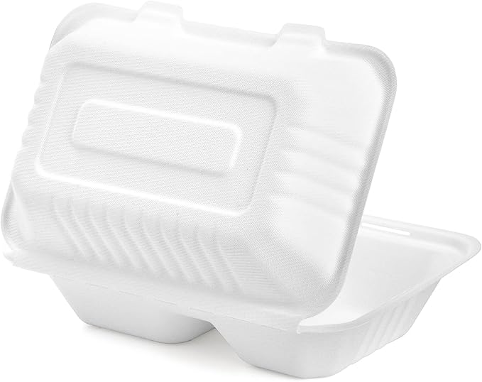 Elsjoy 90 Pack 9"x 6" Clamshell Take Out Containers, 2 Compartment Compostable Hinged Food Containers Disposable To Go Boxes, Sugar Cane Takeaway Boxes for Restaurant, Party, Microwave Safe
