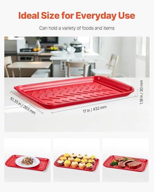 VEVOR Plastic Serving Trays, 2-Pack Grilling Prep and Serve Trays with Handles, 17x10.35 Inch Anti-Slip Melamine Food Tray, Ideal for BBQ, Kitchen, Cafeteria, Ottoman, Coffee Table, Black and Red