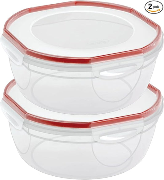 Sterilite Ultra-Seal 8.1 Qt Bowl, Large Airtight Food Storage Container, Latching Lid, Microwave and Dishwasher Safe, Clear With Red Gasket, 2-Pack