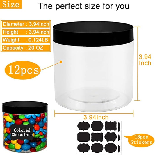 Round Plastic PET Storage Jars Clear Plastic Jars With Lids 20 Oz Clear PET Plastic Jars with Lids Refillable Storage Jar for Storing Dry Food, Spice, Cookie, Nuts, Kitchen Food, 12 Pack