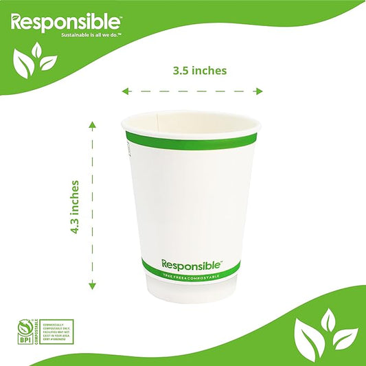 12 oz Double Wall Insulated Paper Coffee Cups (25 Count) – Smooth Wall Insulated To Go Coffee Cups - Natural White, Compostable, Eco-Friendly, Disposable Hot Beverage Cups
