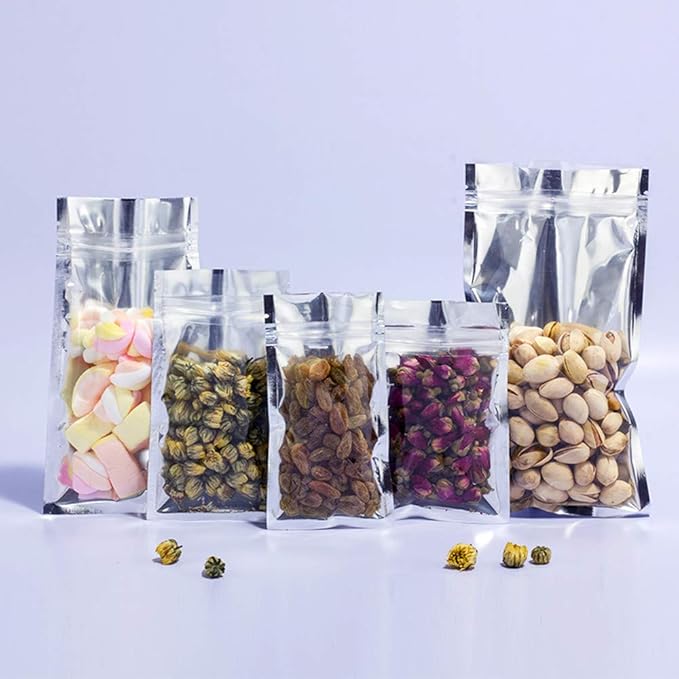 PABCK 100 Pack Clear Front Resealable Mylar Bags 8.5x14cm (3.3x5.5inch) Heat Seal Aluminum Foil Plastic Packaging for Zip Bulk Food Storage Zipper Lock Candy Foil Pouch with Tear Nothces