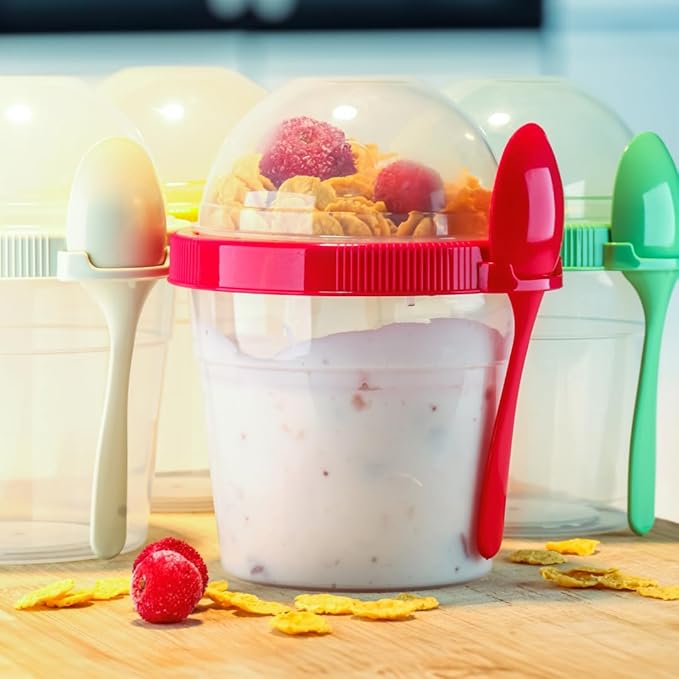 4 Pack 17 oz Small Breakfast On The Go Yogurt Parfait Cups, Reusable Plastic Containers with Lids and Spoons, Perfect Jars for Overnight Oats Cereal Granola Oatmeal (4 Colors - Set 2)