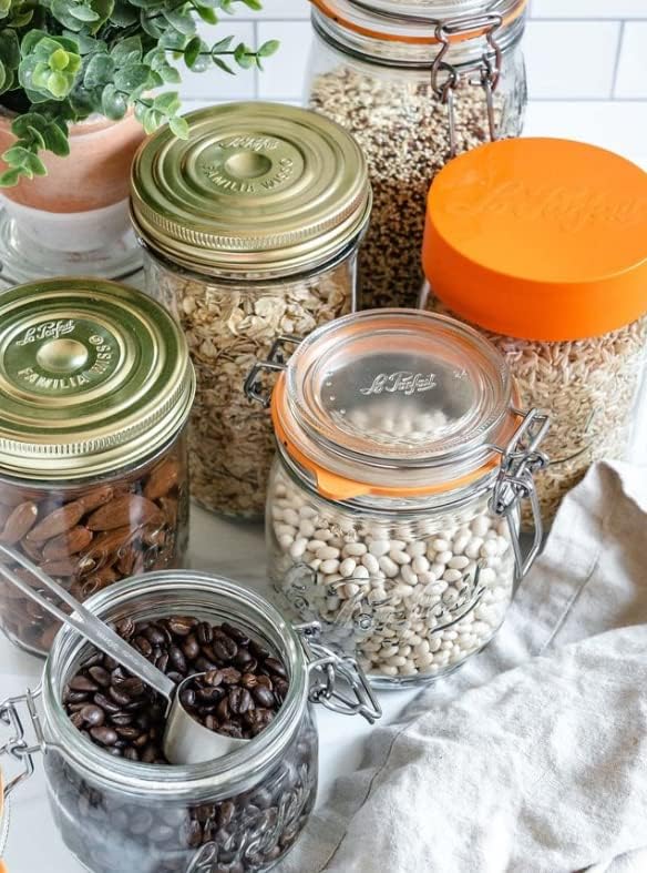 Le Parfait Screw Top Jar Wide Mouth French Glass Jar | Ideal for Food and Soup Storage, Canning, Flour, Brown Sugar, and other Baking Supplies (2L/64oz, Single, Gold)