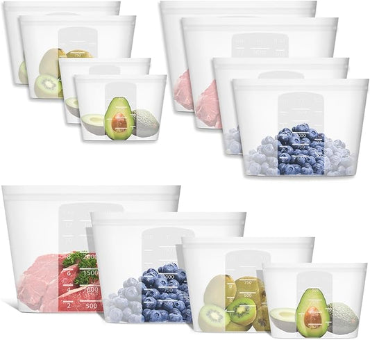 Reusable Storage Bag, 8 Pack 100% Silicone Food Storage Bags Stand Up Zip Lock Bags for Food, Freezer Microwave Oven Dishwasher Safe, 2 Extra Large(0.8 Gallon) 2 Large 2 Medium 2 Small, Translucent