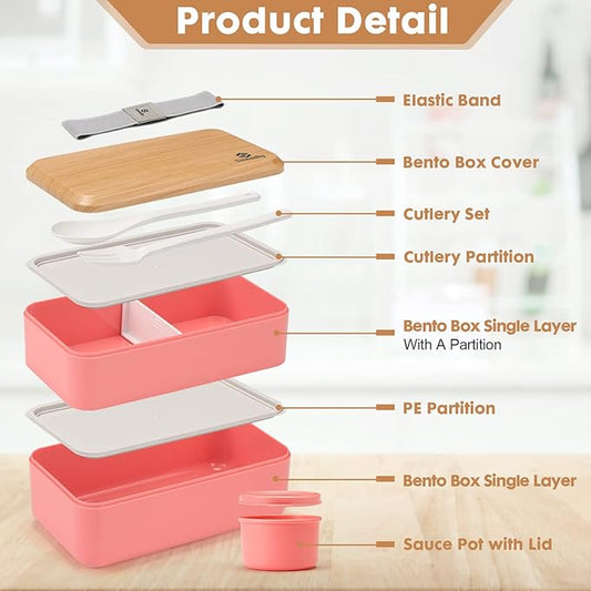 Sinnsally Bento Box for Kids and Adults, Stackable Japanese Bento Lunch Box Containers for Teens/Women with Compartments(47oz),Modern Lunch Containers with Utensil Set,Leak-Proof Lunchbox,Rectangle