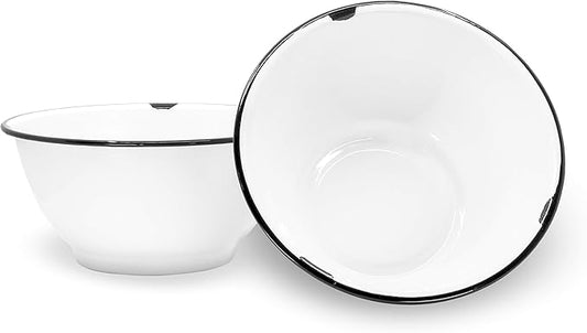 Red Co. Set of 2 Enamelware Metal Large Classic 4 quart Round Salad Serving Bowl, Distressed White/Black Rim