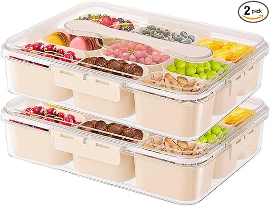 9 Compartment Snack Box Container (Set of 2) – Snack Tray with Lid, Vegetable Tray, Charcuterie Container, Multipurpose Food Storage for Snacks, Vegetables, Fruits, and More