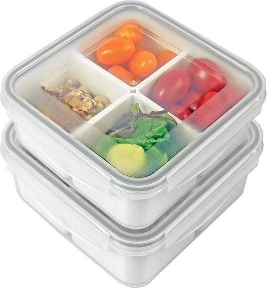 carrotez Food Storage Containers, 4 Compartment Portion Control Container, Snack Container For Adults, Meal Prep Container, Reusable, Microwave Safe, 4.6 Cup (1100ml), Pack of 2