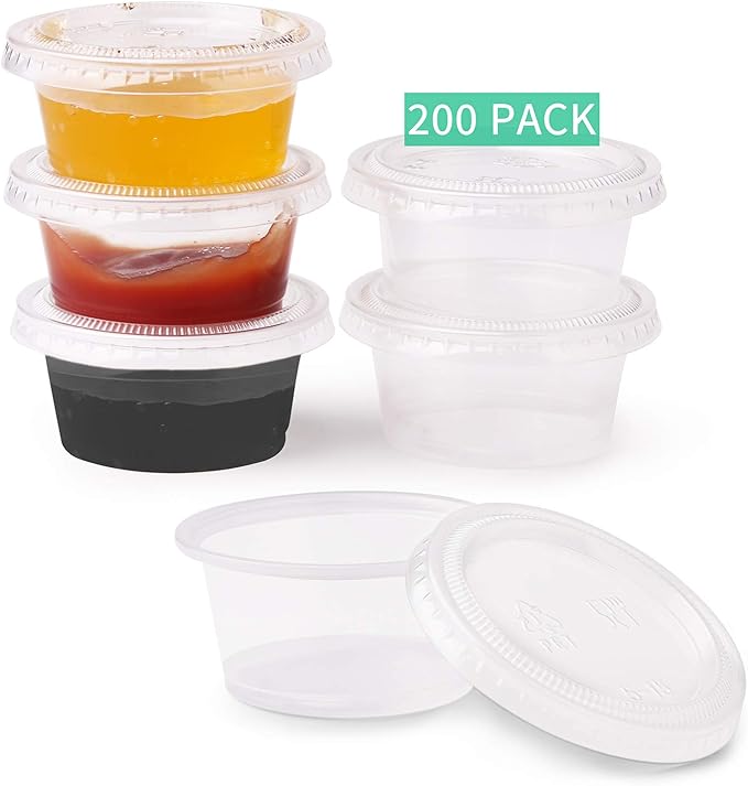 FULING [200Pack-2oz Small Plastic Containers with Lids, Jello Shot Cups, Condiment Cups for Meal Prep, Portion Control, Salad Dressing Slime Medicine