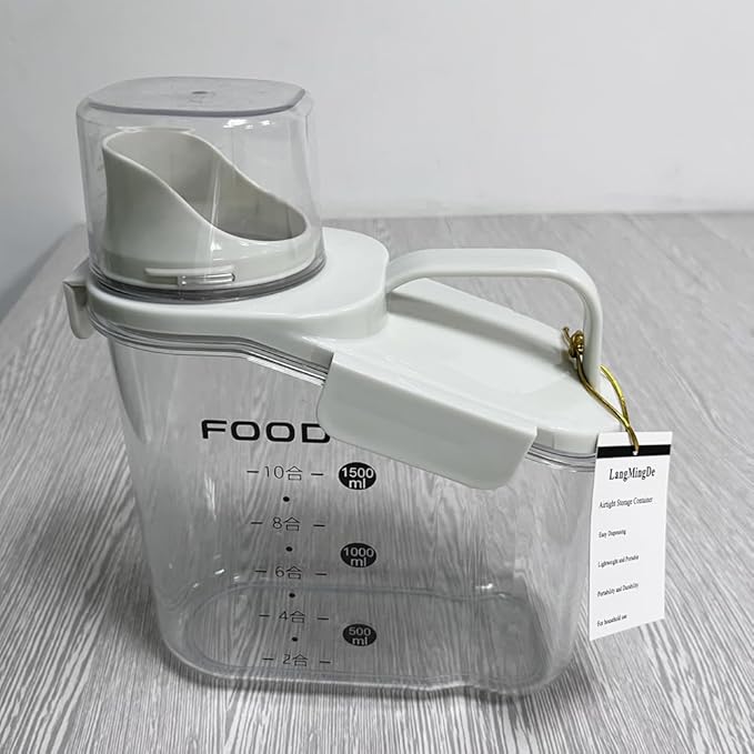 1 Piece Cereal Storage Container, 51oz/1.5L Compact Dry Food Storage Containers with Pouring Spout Measuring Cup for for Rice Nuts Beans Pet Food Snacks Candies, BPA Free, 1 PC