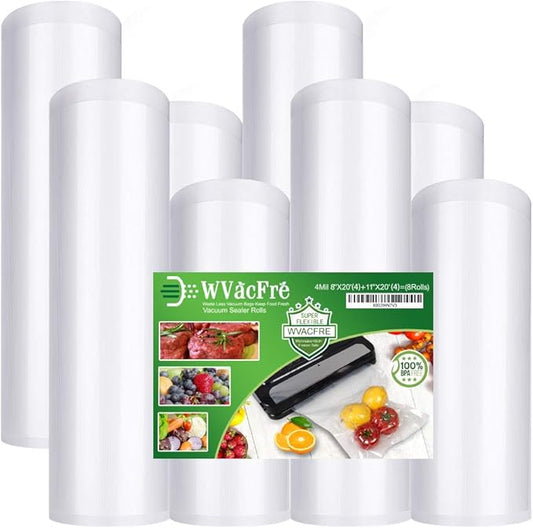 8 Pack 8"x20'(4Rolls) and 11"x20'(4Rolls) Vacuum Sealer Bags Rolls with Commercial Grade,BPA Free,Heavy Duty,Great for Food Vac Storage or Sous Vide Cooking