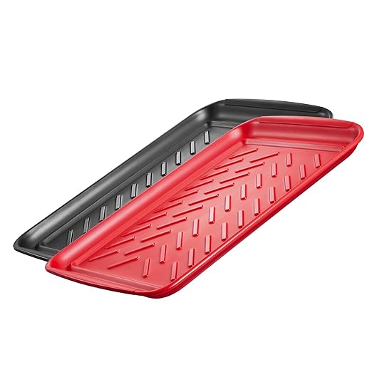 VEVOR Plastic Serving Trays, 2-Pack Grilling Prep and Serve Trays with Handles, 17x10.35 Inch Anti-Slip Melamine Food Tray, Ideal for BBQ, Kitchen, Cafeteria, Ottoman, Coffee Table, Black and Red