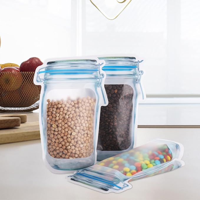 Jucoan 50 Pack Large Wide Mouth Mason Jar Zip Snack Bags, Reusable Airtight Leakproof Plastic Food Storage Zipper Saver for Home Kitchen Freezer Camping Travel Picnic