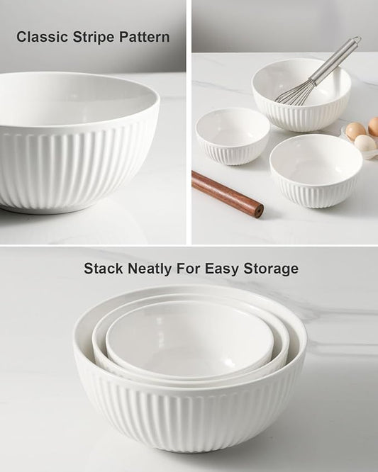 Hasense Mixing Bowls, Large Ceramic Nesting Mixing Bowls Set of 3, Serving Bowls Ideal for Baking, Prepping and Cooking Food, Nesting Salad Bowls for Space Saving Storage, 1.5/1/0.5 Qt - White