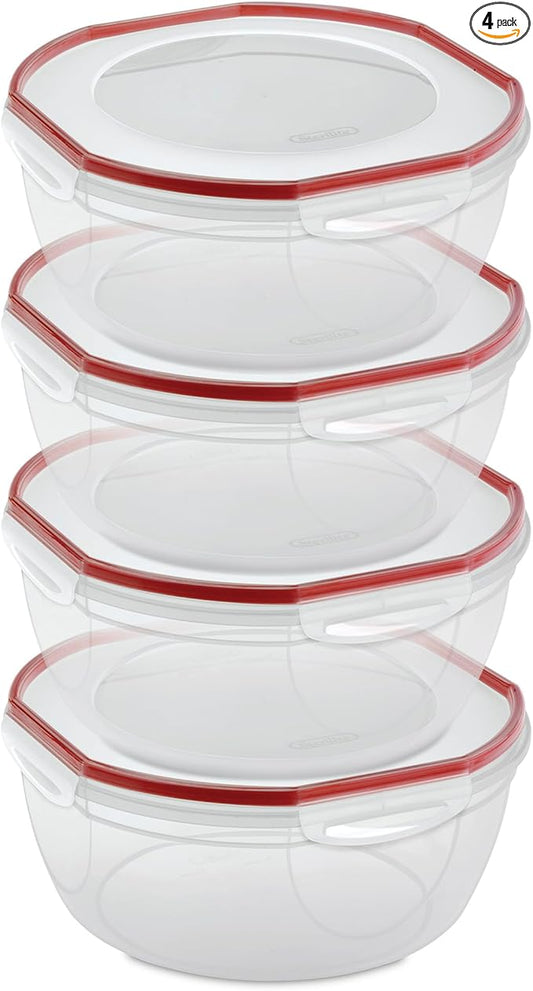 Sterilite Ultra-Seal 8.1 Qt Bowl, Large Airtight Food Storage Container, Latching Lid, Microwave and Dishwasher Safe, Clear With Red Gasket, 4-Pack