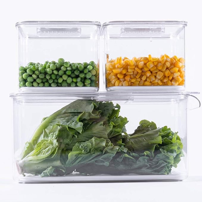 iPEGTOP Fridge Produce Saver Food Storage Bin Containers, Stackable Refrigerator Freezer Organizer Fresh Keeper Container with Vented Lids, 3 Pack