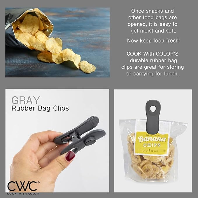 COOK WITH COLOR Cute Bag Clips - Funny Snack Clips, Magnetic Chip Clips for Bags - Kitchen and Food Bag Clips for Airtight Seal for Food Storage, Grey, Pack of 10