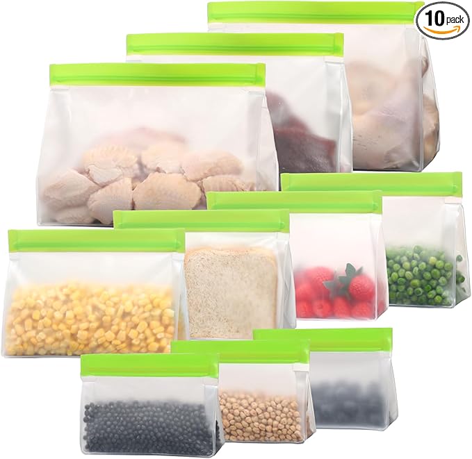 iSPECLE 10 Pack Freezer Bags - 3 Pack Gallon Bags 4 Pack Sandwich Bags 3 Pack Snack Bags BPA-Free Reusable Freezer Bags with Stand-Up Bottom and Label, Leakproof to Keep Frozen Food Fresh, Green